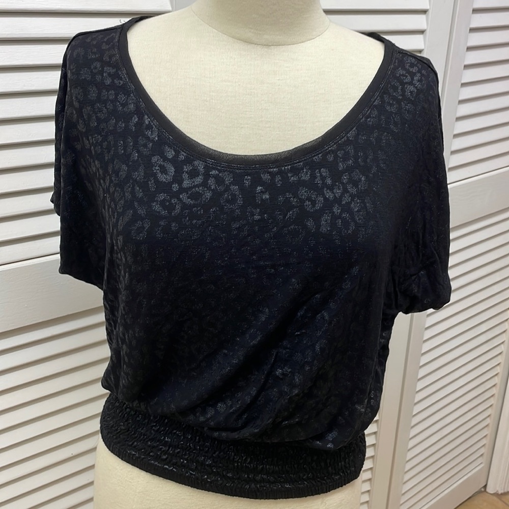 White House Black Market Shimmer Animal Print Black Blouse with Elastic Waist